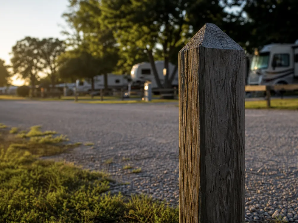 Wooden RV site number marker post backlit at golden hour in summer
