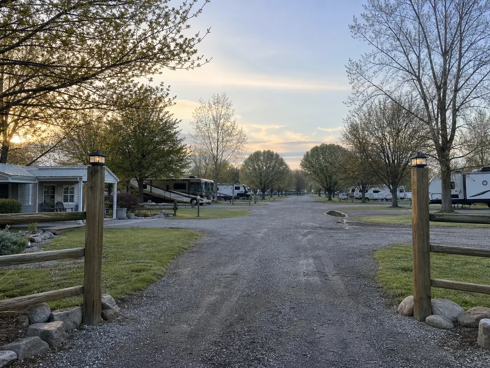 RV park entry gate and welcome area at dawn in early spring